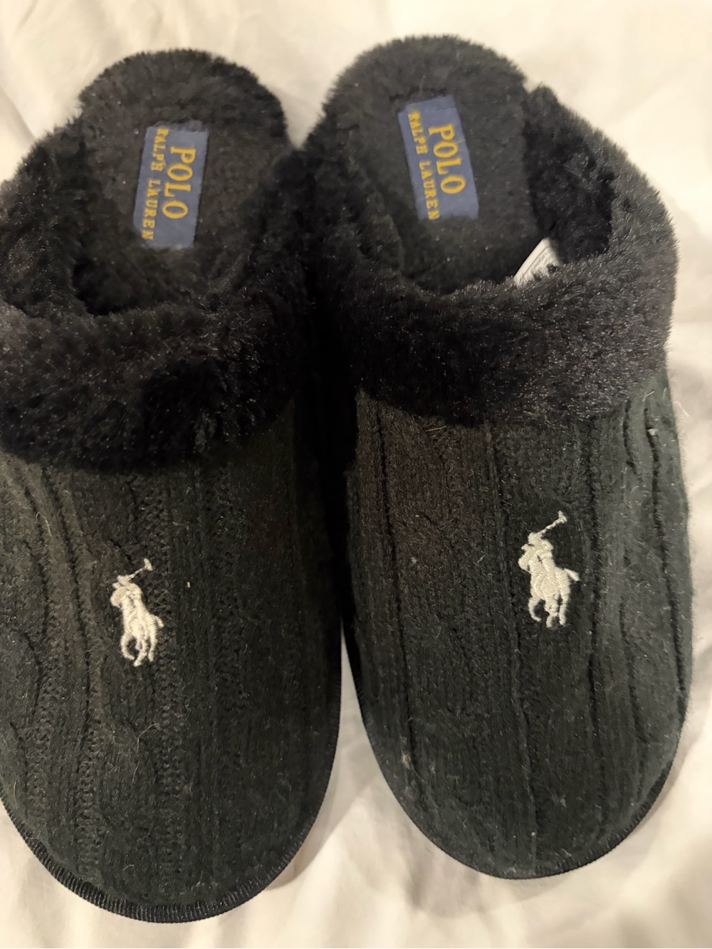 Polo by Ralph Lauren Kids Black Cable-Knit Logo Fleece Slippers
